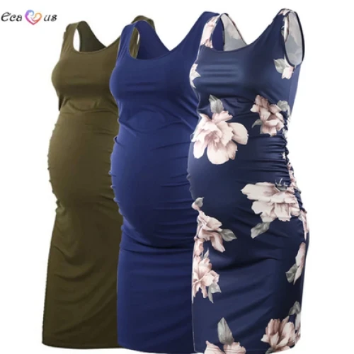 3 Pack Women's Maternity Dresses Floral Pregnancy Dress Sleeveless Side Ruched Print Vintage Casual Knee Length Dress